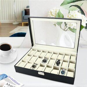 Watch Box 24 Slot PU Leather Display Case with Lock Acrylic Top Organizer